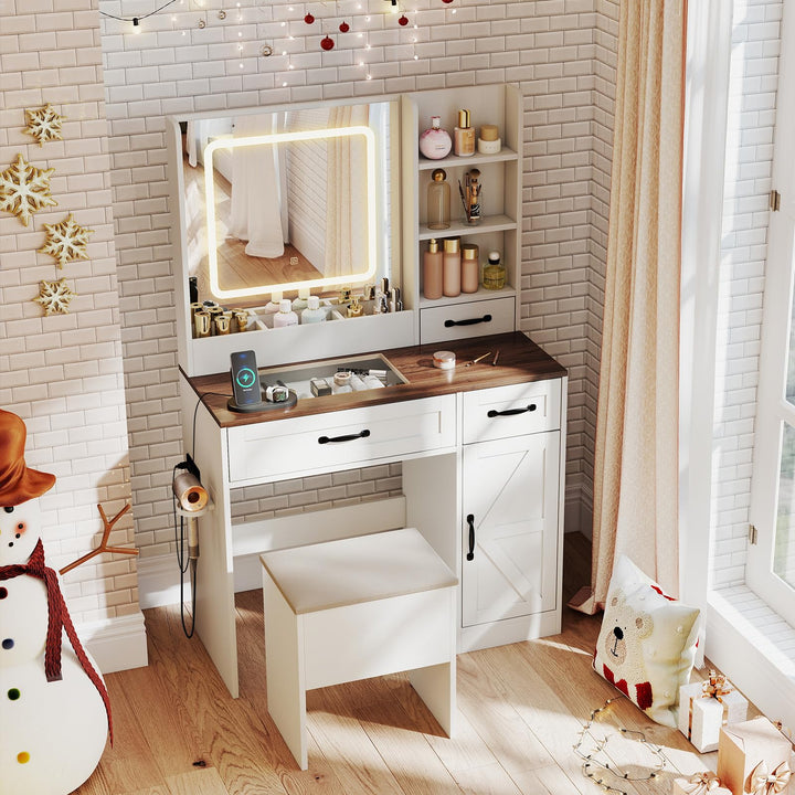 CHARMAID Glass Top Vanity Desk with Lighted Mirror Storage Stool &amp; Drawers