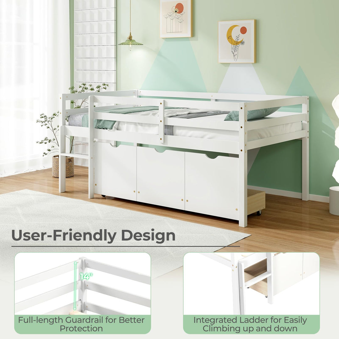 Giantex Twin Low Loft Bed with 3 Drawers, Wooden Loft Bed Frame with Ladder &amp; Full-length Guardrails