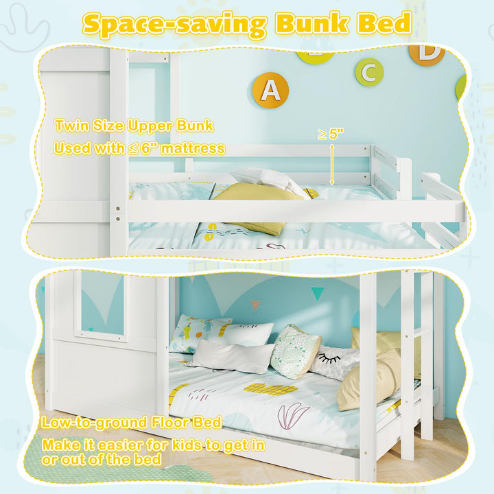 Giantex House Bunk Bed Twin Over Twin, Solid Wood Floor Bunk Bed with Built in Ladder, Window &amp; Safety Guardrail