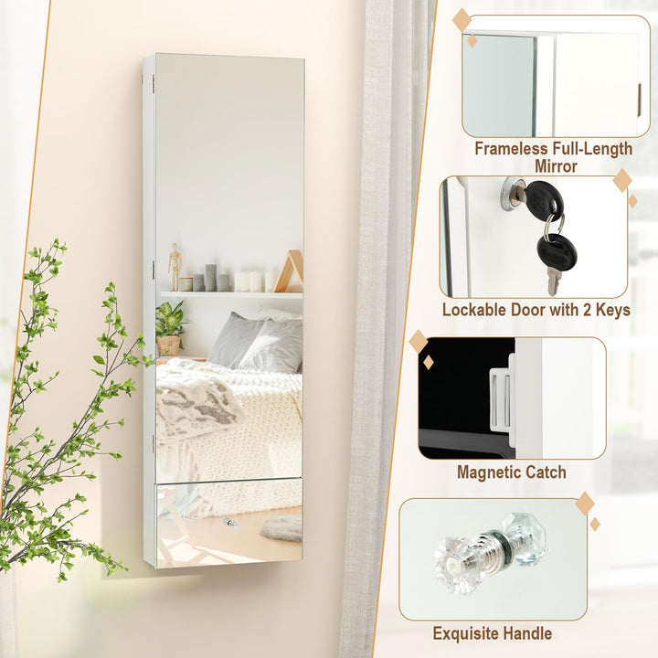 CHARMAID Jewelry Cabinet Wall Mounted, 47.2" Full Length Mirror, Lockable Jewelry Armoire with Tip out Storage Drawer