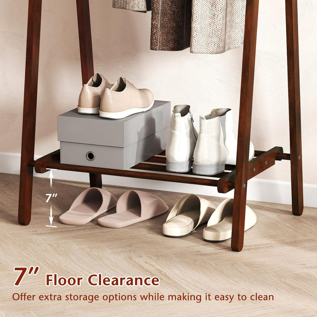 Giantex Folding Rubber Wood Clothes Hanging Rack Standing Garment Rack with Bottom Storage Shelf