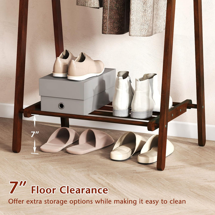 Giantex Folding Rubber Wood Clothes Hanging Rack Standing Garment Rack with Bottom Storage Shelf