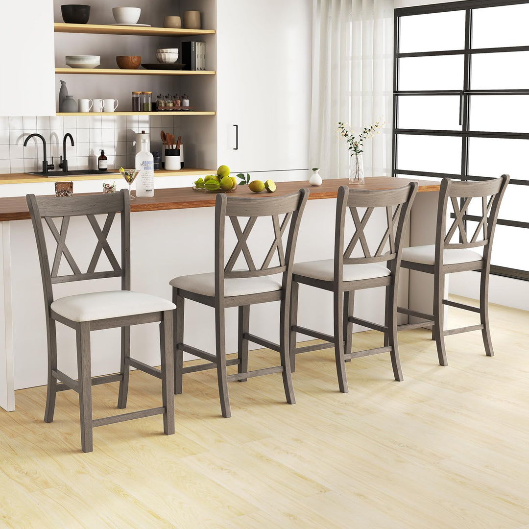 Giantex Wood Bar Stools Set of 2/4, 24" Counter Height Bar Stools w/Cross Back &amp; Linen Fabric Upholstered Seat