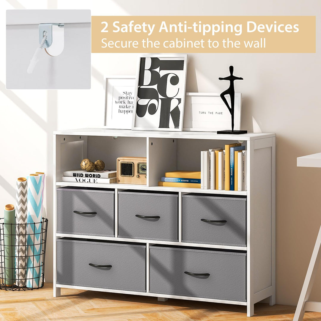Giantex Storage Cabinet with 5 Drawers &amp; 2 Cube Shelves, Chest of Drawers, Console Table, White &amp; Grey