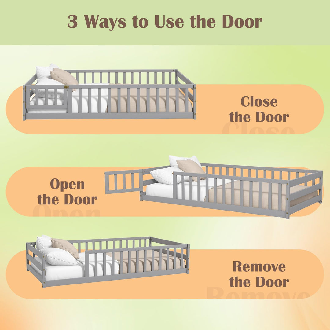 Giantex Twin Floor Bed with Door &amp; Fence, Kids Wood Montessori Bed with Safety Guardrails
