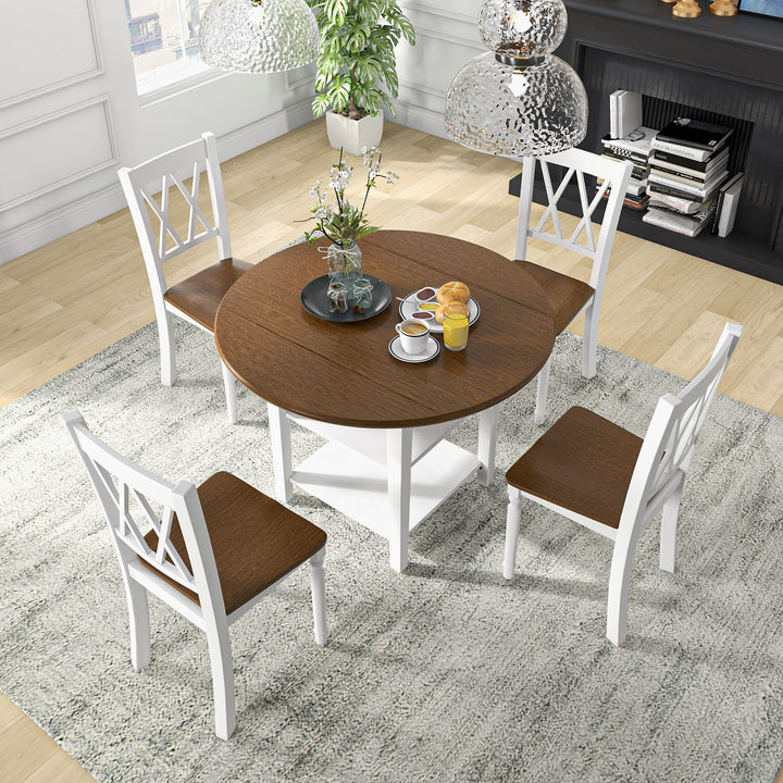 Giantex Dining Table Set for 4 w/Drop Leaf Round Kitchen Table &amp; 4 Chairs, Dining Room Table w/Storage
