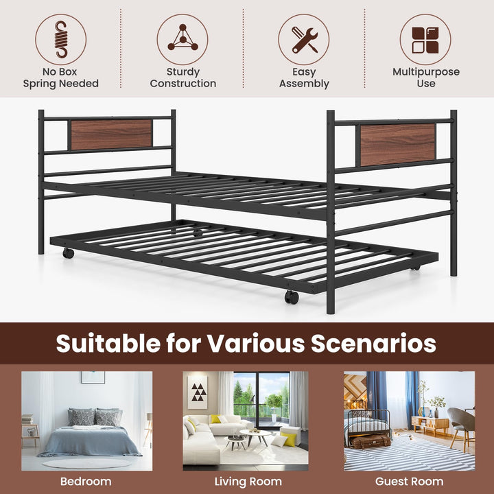 Giantex Metal Daybed with Trundle, Twin Size Day Bed with Wood Grain Headboard &amp; Metal Slat Support
