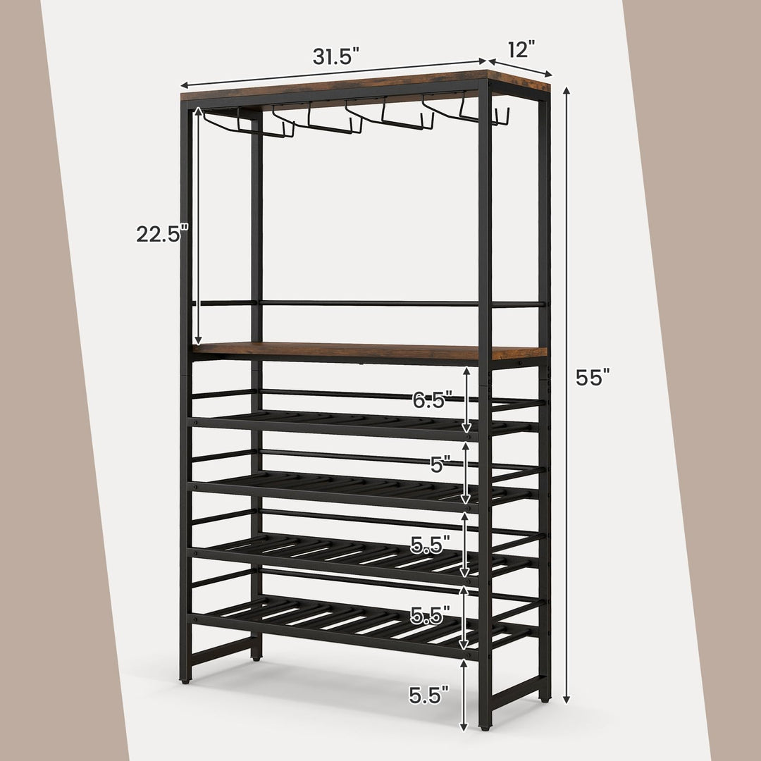 Floor Wine Rack w/ 4-Tier Wine Storage &amp; 4 Rows of Stemware Racks