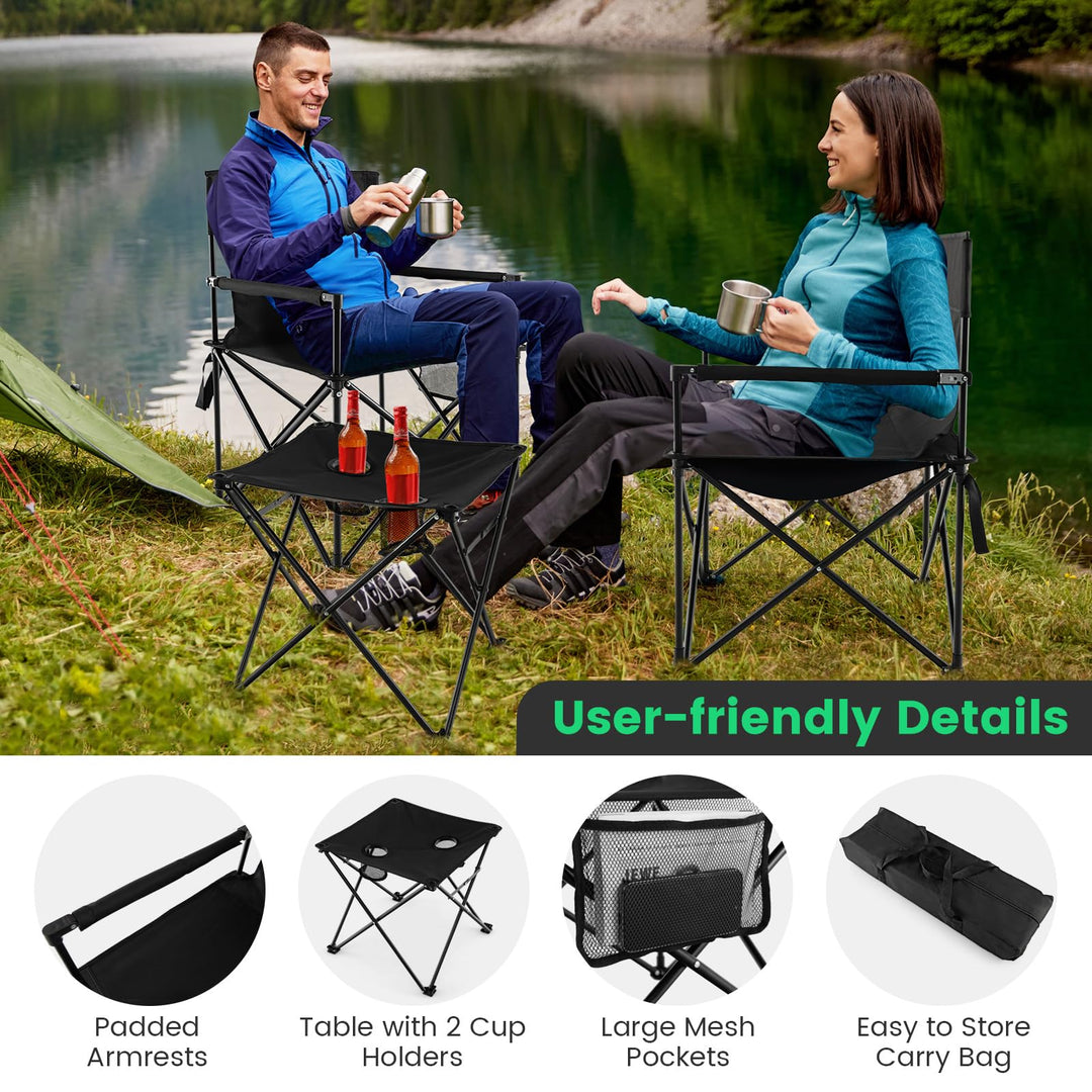 Giantex Camping Chair and Table Set - 3 Pack Folding Beach Chair with Side Table, 2 Cup Holders, Storage Pockets