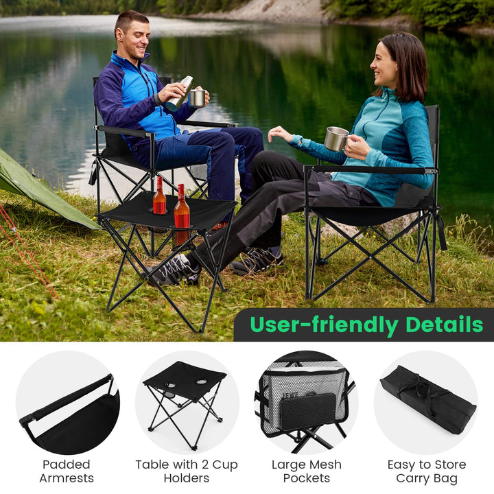 Giantex Camping Chair and Table Set - 3 Pack Folding Beach Chair with Side Table, 2 Cup Holders, Storage Pockets