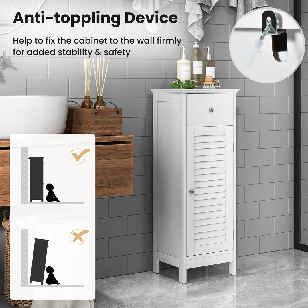 Giantex Bathroom Floor Storage Cabinet - Freestanding Side Cabinet with 1 Door, 1 Drawer &amp; 3-Height Adjustable Shelf