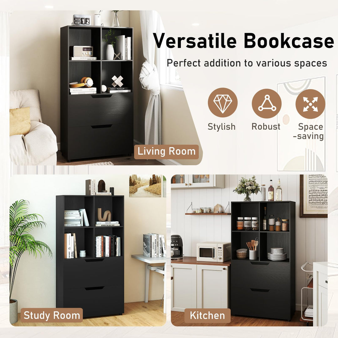 Giantex Bookshelf with 4 Cubes &amp; 2 Drawers 51” Tall Floor Bookcase with Anti-tip Kits