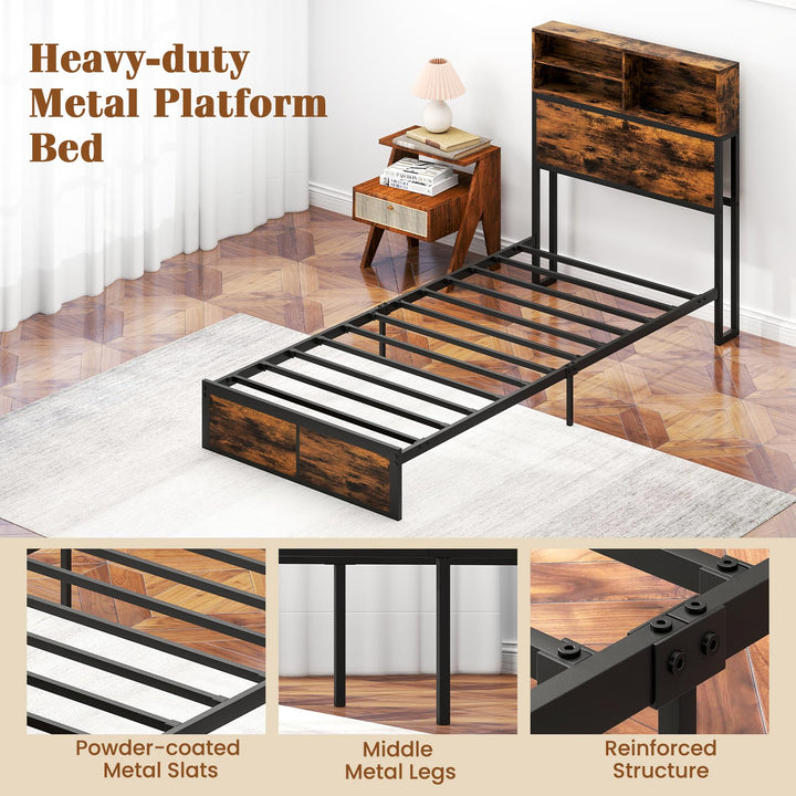 Giantex King/Queen/Twin Size Bed Frame with Storage Headboard and Charging Station, Industrial Metal Platform Bed