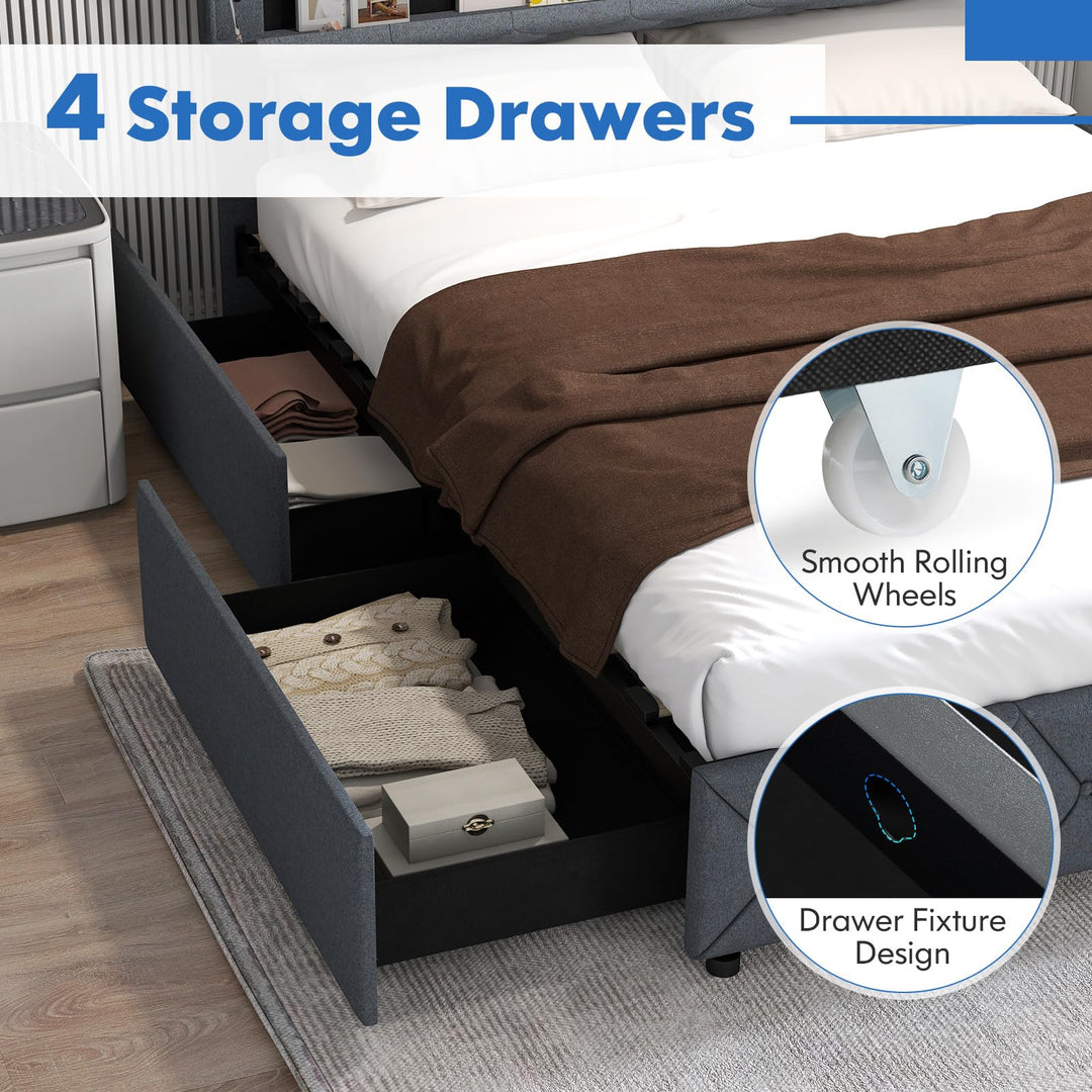 Giantex Queen/Full Size Bed Frame with Storage Headboard and 4 Drawers, Modern Upholstered Platform Bed with Charging Station