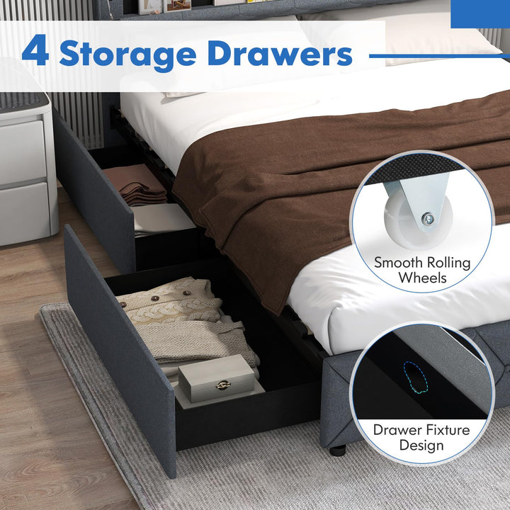 Giantex Queen/Full Size Bed Frame with Storage Headboard and 4 Drawers, Modern Upholstered Platform Bed with Charging Station