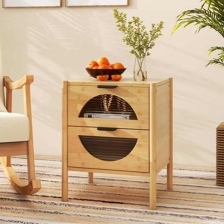 Giantex Bamboo Nightstand, Mid-Century Modern Bedside Table with 2 Storage Drawers &amp; Tempered Glass