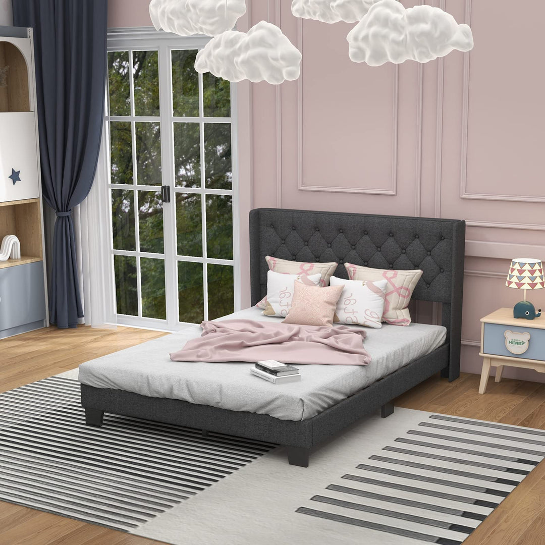 Giantex Queen/Full/Twin Size Bed Frame with Button Tufted Headboard, Modern Fabric Upholstered Platform Bed with Wingback Design, Grey