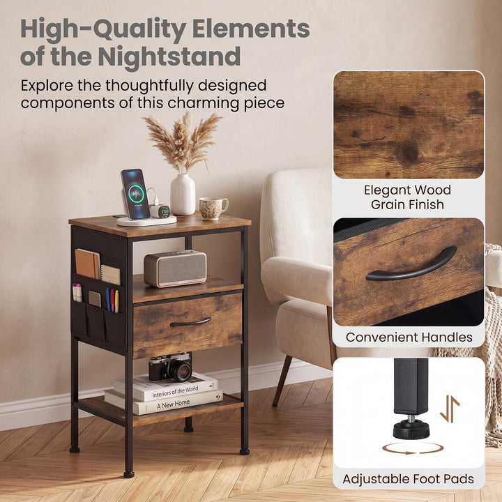 GIANTEX 24.5" Nightstand with Charging Station &amp; 1 Fabric Drawer (1/2)