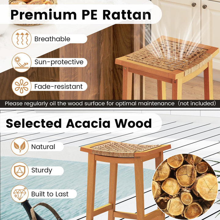 Giantex Outdoor Wooden 29" Bar Stools Set of 2/4 Backless Patio Barstools with PE Rattan Saddle Seat &amp; Footrest