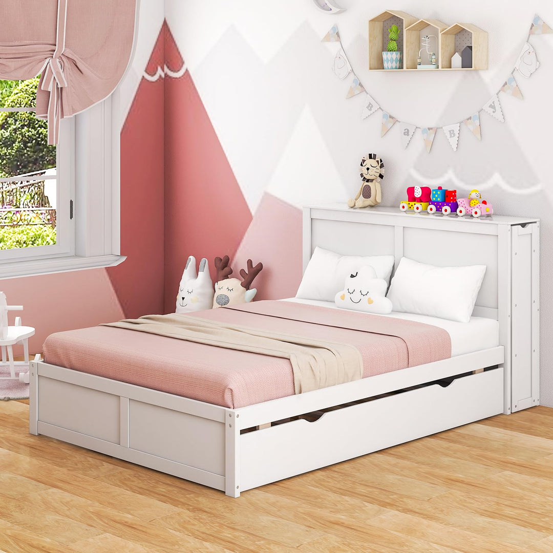 Giantex Full Bed Frame with Twin Trundle, Wooden Bed Wooden Bed Frame with 2 Rolling Bookcases &amp; High Headboard