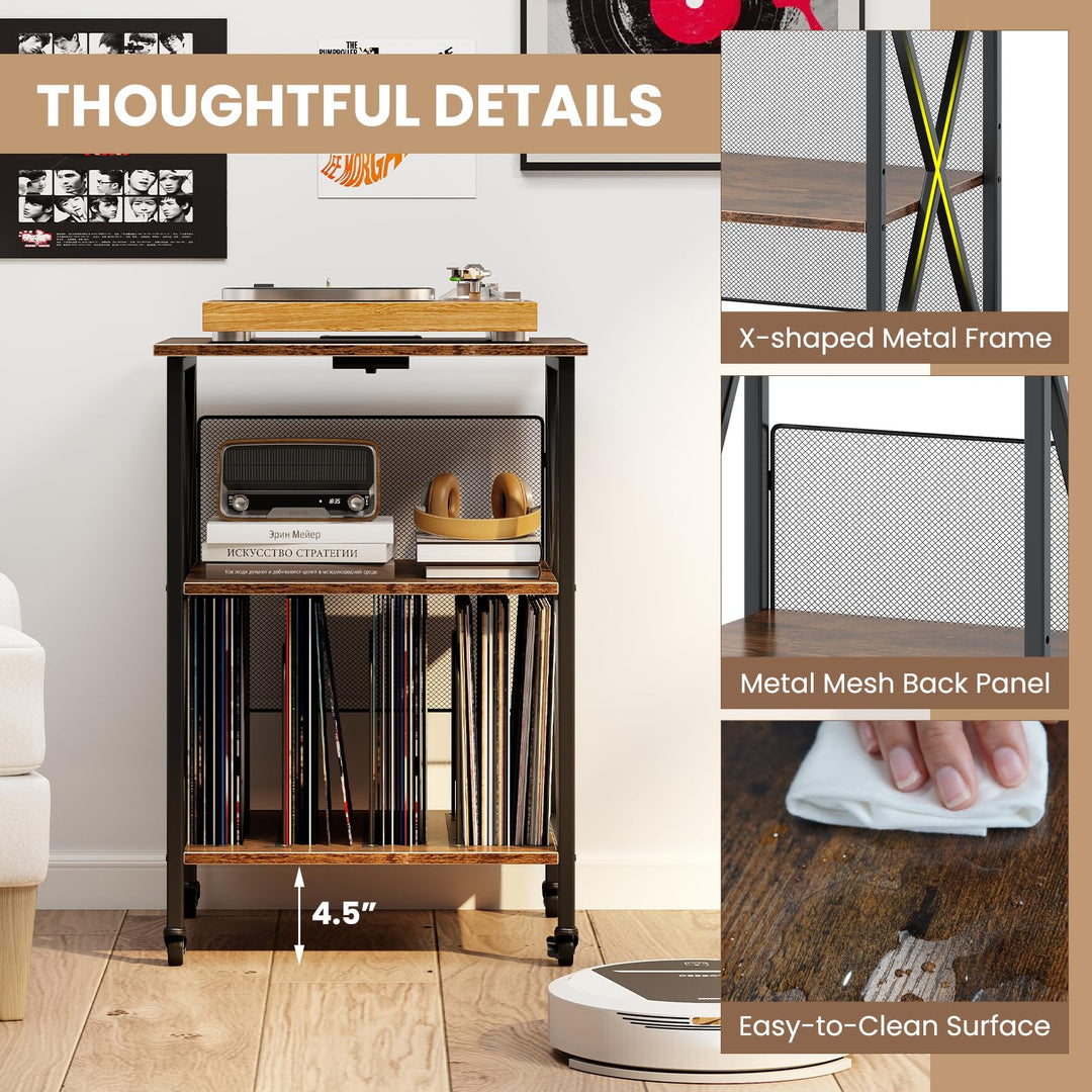 Giantex Record Player Stand with Charging Station Turntable Stand with Record Storage &amp; 4 Rolling Wheels