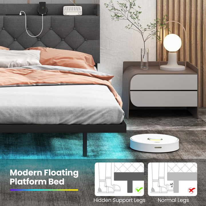Giantex Queen/Full Size Floating Bed Frame with LED Lights, Modern Platform Bed with Adjustable Upholstered Headboard &amp; Charging Station