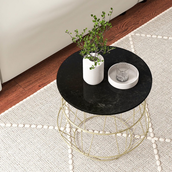 Giantex Round Coffee Table, Faux Marble Side End Table with Gold Metal Frame &amp; Removeable Top