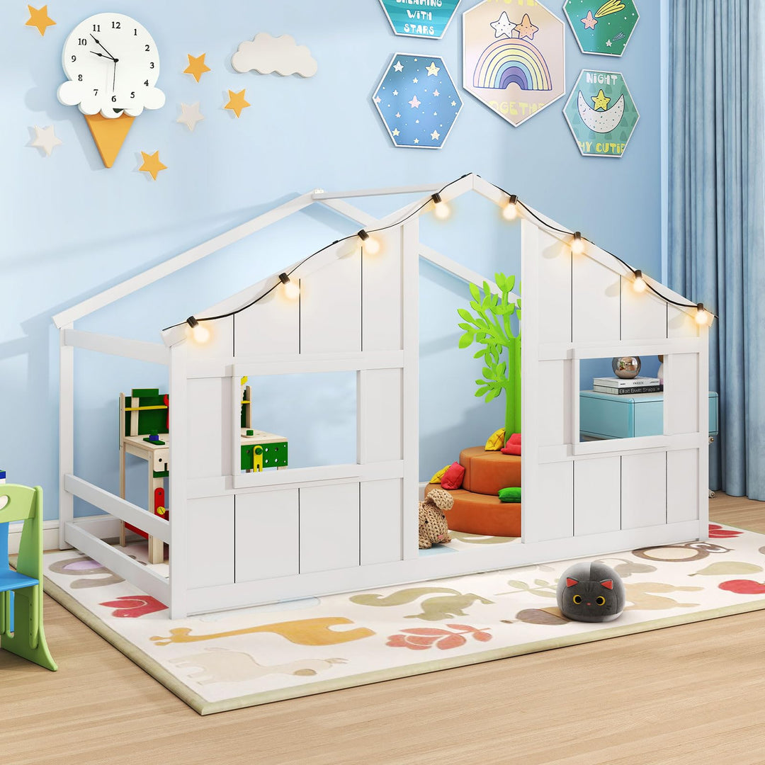 Giantex Twin Kids House Bed with Light Bulbs Wooden Montessori Floor Bed Frame with Roof &amp; Windows