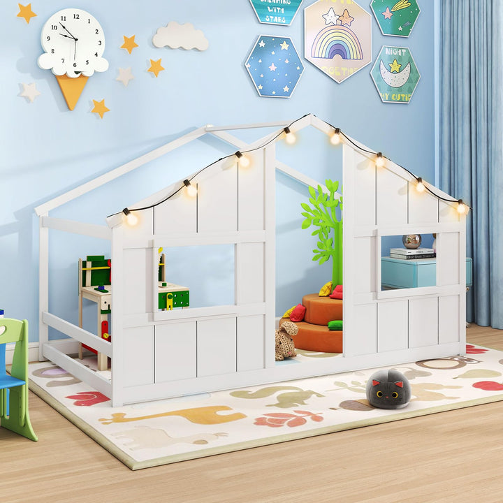 Giantex Twin Kids House Bed with Light Bulbs Wooden Montessori Floor Bed Frame with Roof &amp; Windows