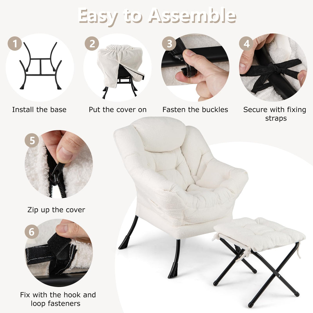 Giantex Set of 1/2 Lazy Chair with Folding Ottoman, Modern Sherpa Accent Chair w/Armrests &amp; Pocket