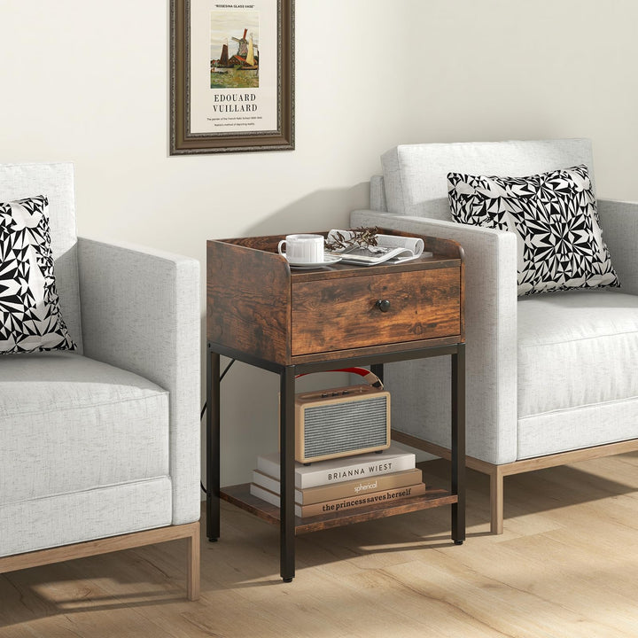Giantex Nightstand with Charging Station, Industrial Bedside Table with Storage Drawer &amp; Open Shelf