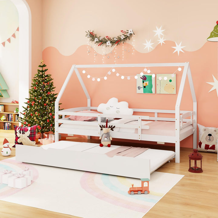 Giantex Twin House Bed with Trundle, Wood Kids Bed Frame with Roof &amp; Fence Rails