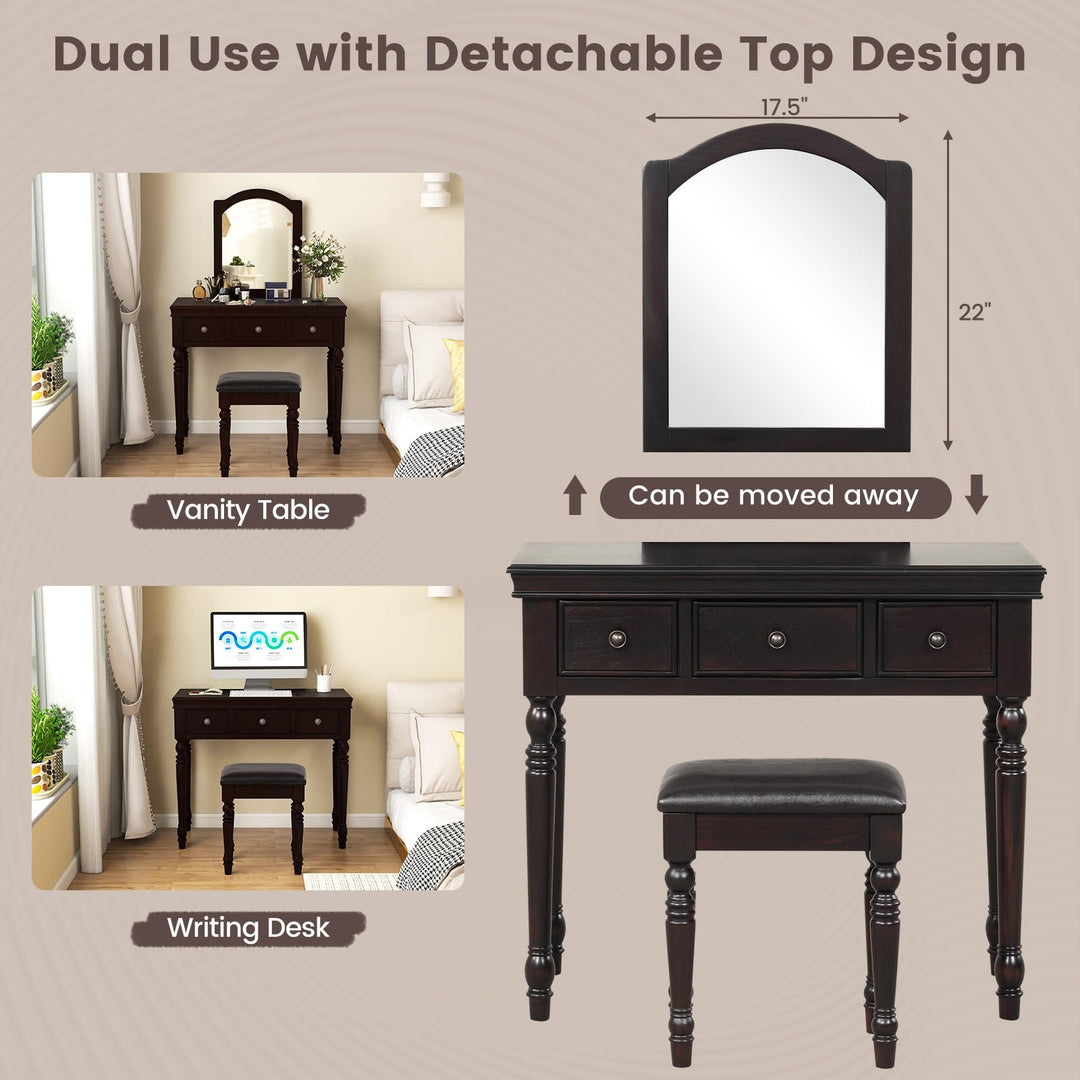 CHARMAID Makeup Vanity Desk with Mirror and Stool, Vanity Table Set with Large Mirror, 3 Drawers, Cushioned Stool