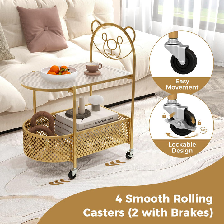 Giantex Mobile Glass Coffee Table, 2-Tier Modern Cocktail Table with Bear Pattern, Storage Basket &amp; Metal Frame