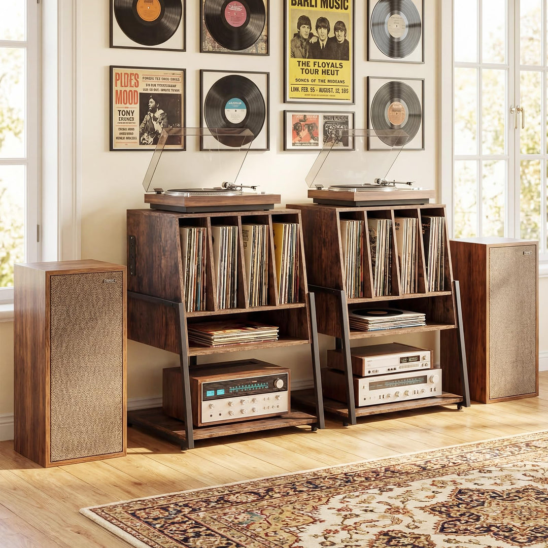 Giantex Record Player Stand on Wheels | 3-Tier Turntable Stand with Charging Station