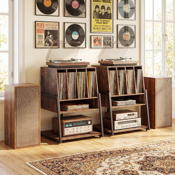 Giantex Record Player Stand on Wheels | 3-Tier Turntable Stand with Charging Station