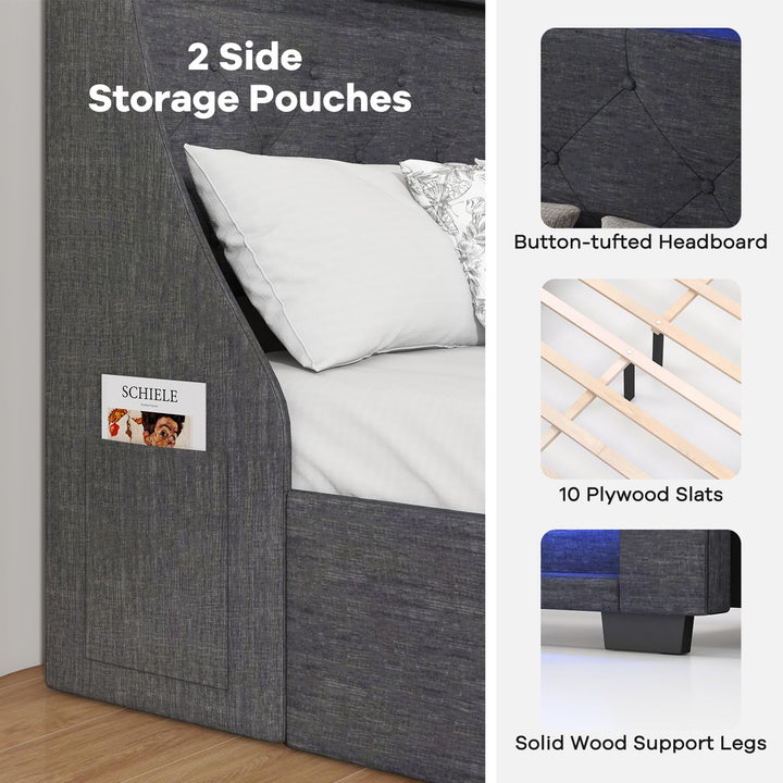 Giantex Full Size Bed Frame with LED Lights &amp; Charging Station, Upholstered Platform Bed with Wingback Headboard