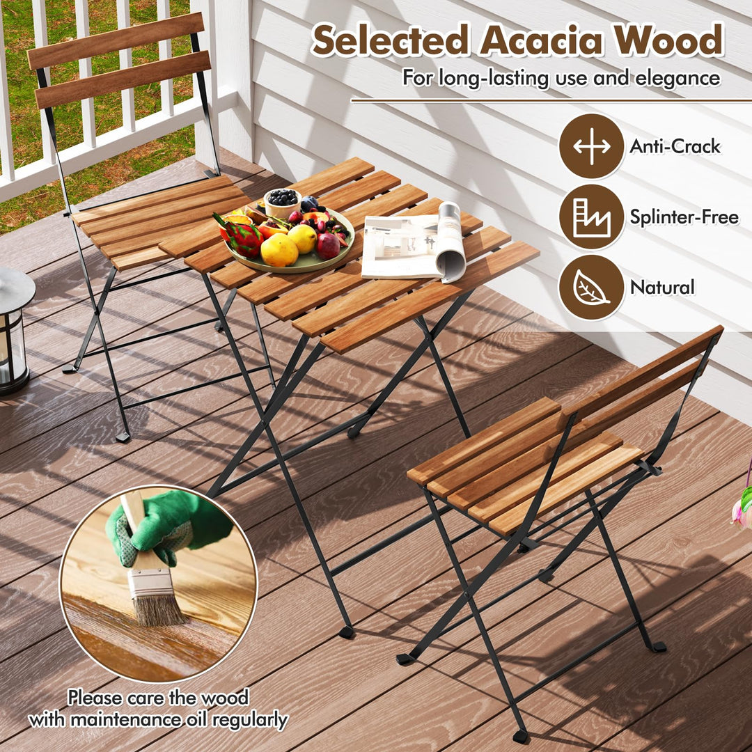 Giantex 3-Piece Acacia Wood Bistro Set with 2 Folding Chairs, Slatted Seat &amp; Tabletop