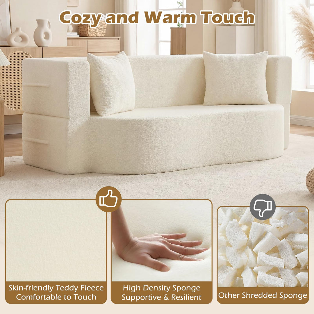 Giantex 75.5" Folding Sofa Bed | 2-in-1 Convertible Teddy Fleece Floor Loveseat with 2 Comfortable Pillows