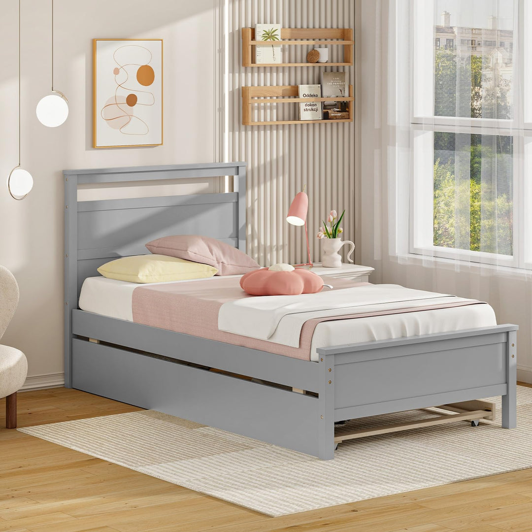 Giantex Wood Twin Bed with 2 Storage Drawers, Solid Wood Platform Bed with Headboard