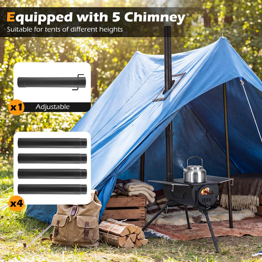 Giantex Hot Tent Stove Portable Wood Burning Stove w/ 5 Chimney Pipes