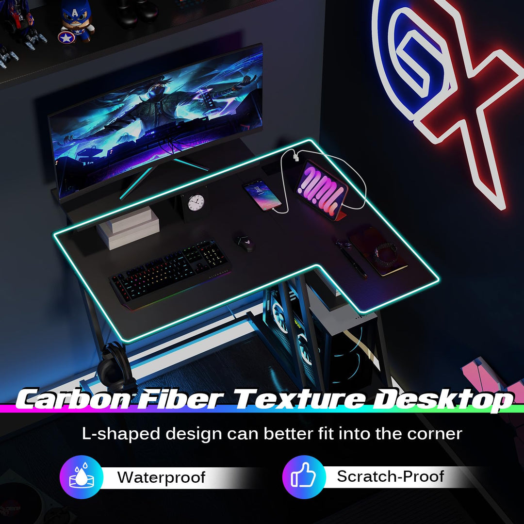 Giantex L Shaped Gaming Desk with Outlets &amp; USB Ports, Small Computer Desk with Monitor Shelf
