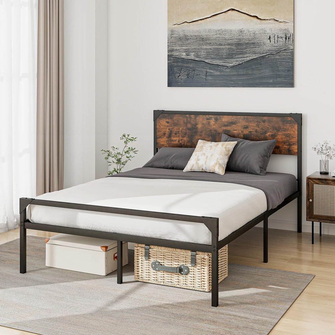 Giantex Full Size Bed Frame with Rustic Headboard &amp; Footboard, Strong Metal Slat Support Mattress Foundation