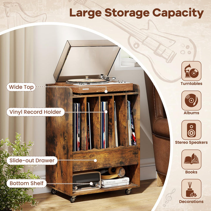 Giantex Record Player Stand Rolling Turntable Stand with Drawer &amp; Lockable Wheels