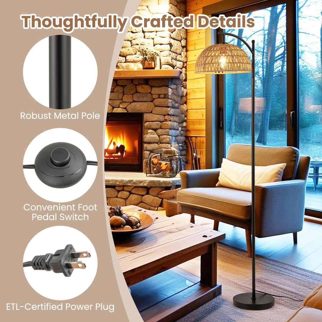 Giantex Boho Floor Lamp with Handwoven Paper Rope Shade Arc Standing Lamp with E26 Socket &amp; Foot Switch