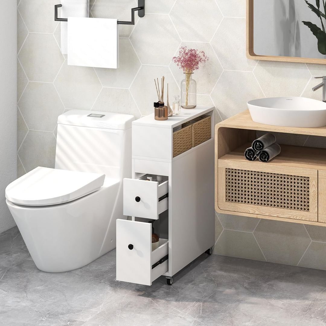 Giantex Small Bathroom Storage Cabinet - Slim Bathroom Organizer with Wheels, 2 Drawers, 2 Baskets
