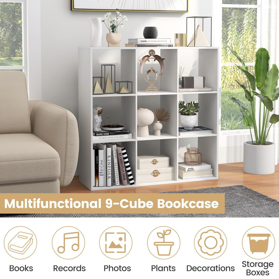 Giantex 9-Cube Bookcase, White Cubby Bookshelf w/Back Guardrail &amp; Anti-Tipping Kits
