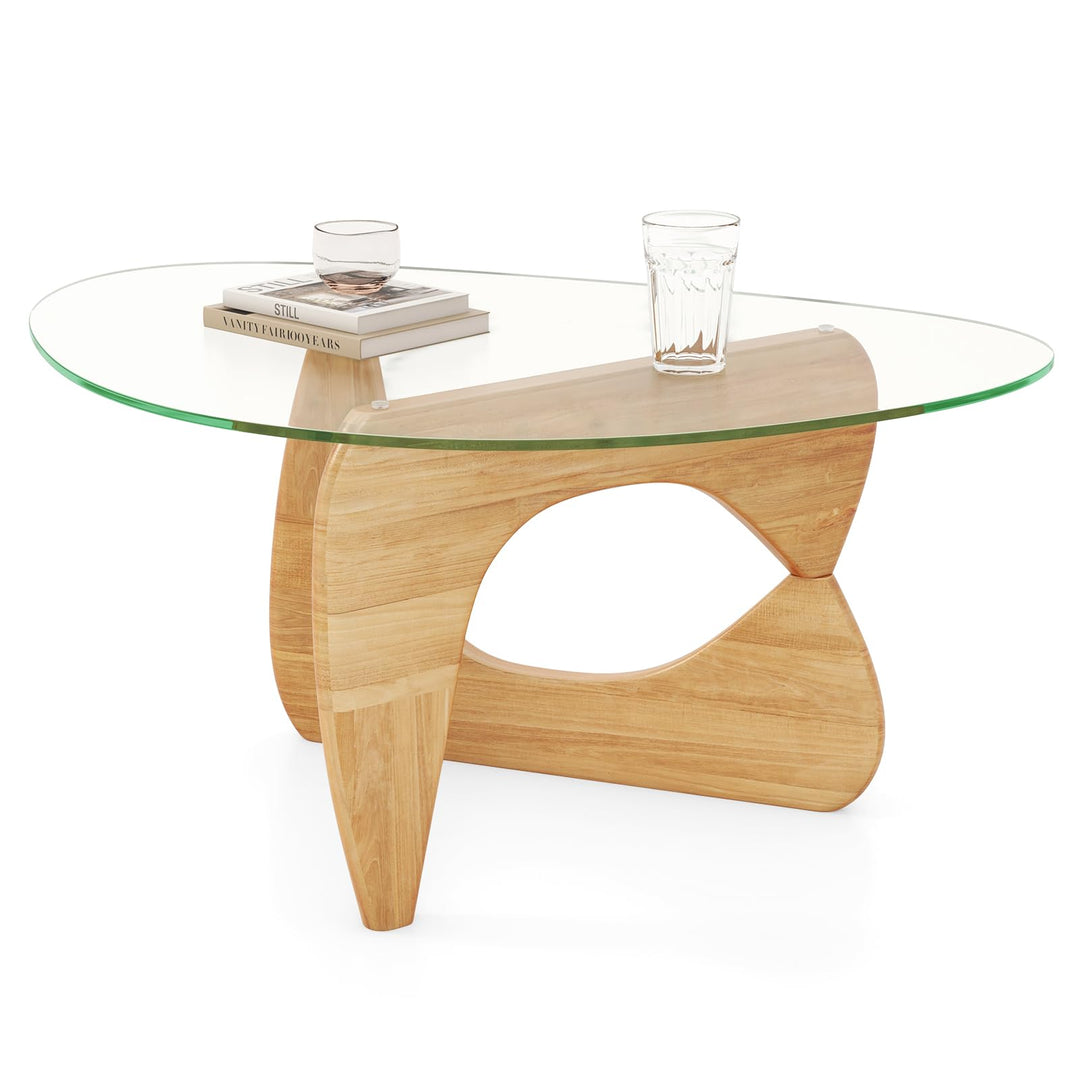 Giantex Triangle Glass Coffee Table, Solid Wood Tea Table with Tempered Glass Top &amp; Adjustable Base