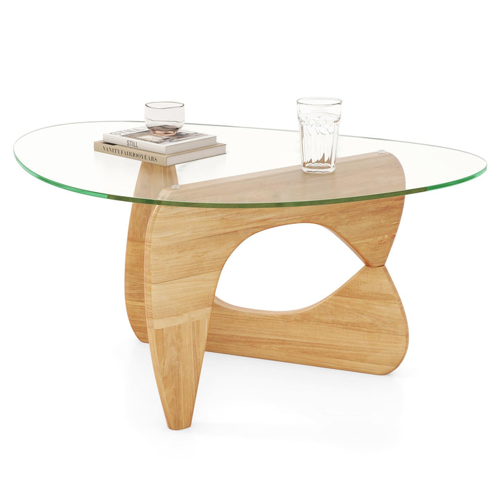 Giantex Triangle Glass Coffee Table, Solid Wood Tea Table with Tempered Glass Top &amp; Adjustable Base