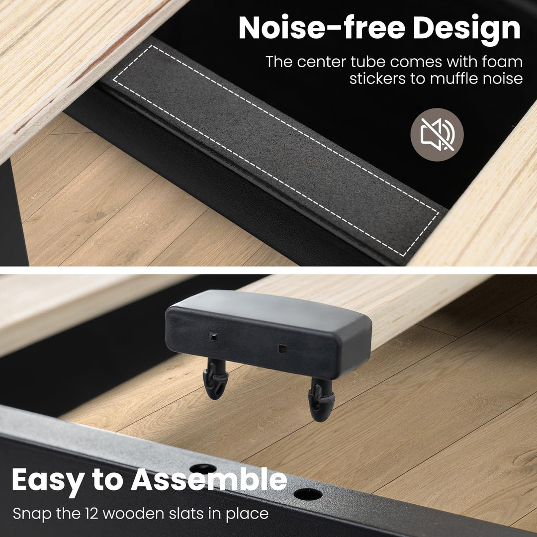 Giantex Full/Queen Size Bed Frame with 4 Storage Drawers &amp; LED Lights, Headboard &amp; Charging Station, Wooden Slats, Easy Assembly, Grey
